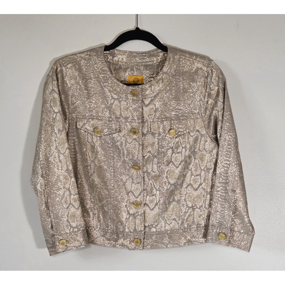 Ruby Rd. Gold Shimmer Snakeskin Denim Style Jacket Size 10 Animal Print